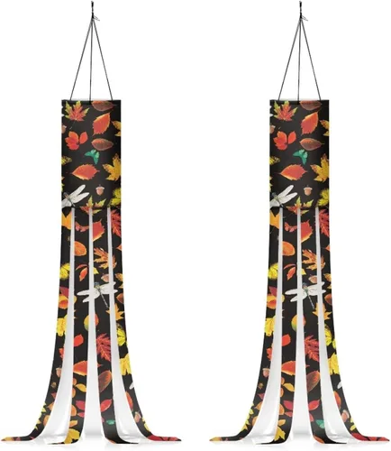 Miniatura 7 de Hojas de arce coloridas de otoño, 2 piezas, manga de viento colgante, ligera, lavable a máquina, tela de poliéster, patio, césped, jardín, árbol