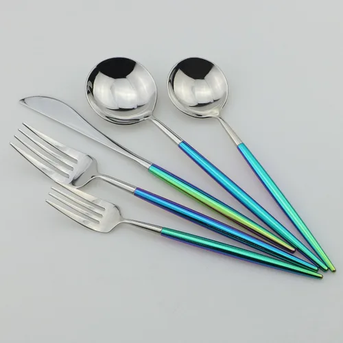 Miniatura 2 de Juego de cubiertos Coloful Rainbow Handle Silver de 5 piezas, espejo de acero inoxidable 18/10, servicio para 1 plateado