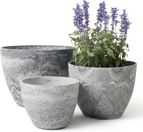 LA JOLIE MUSE Macetas redondas de 14.2/11.3/8.6 pulgadas, juego de 3 macetas grandes para interiores y exteriores, contenedor gris con agujeros de