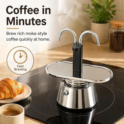 Miniatura 4 de Olla de Moka de Acero Inoxidable, Cafetera de Espresso de 2 Tazas para Estufa con Doble Boca, Fácil de Operar, Prepara Café Rápidamente, Olla