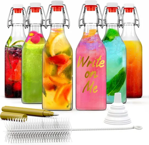 Nevlers Botellas de vidrio cuadradas de 8.5 onzas con tapones, botella de vidrio abatible con tapa, paquete de 6 unidades, juego de botellas de