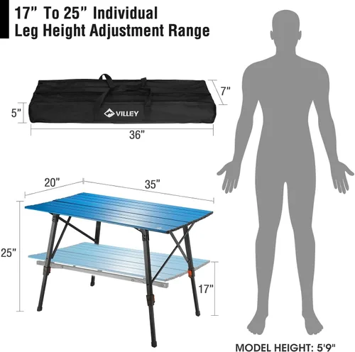 Miniatura 3 de Mesa de camping portátil VILLEY con patas ajustables, mesa de playa ligera de aluminio plegable con bolsa de transporte para cocinar al aire libre