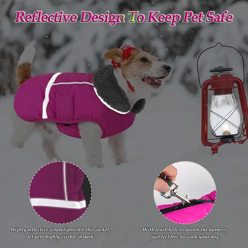 Miniatura 4 de Dogcheer Abrigo cálido para perro, ropa de invierno con cuello polar, chaqueta reflectante para mascotas, ropa para clima frío, chaleco impermeable