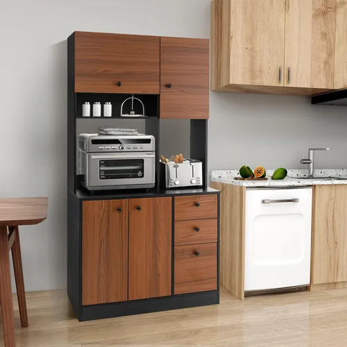Miniatura 2 de Giantex Despensa de cocina, buffet con 3 armarios de almacenamiento, armario grande de piso de 71 pulgadas con 3 cajones profundos, encimera ancha
