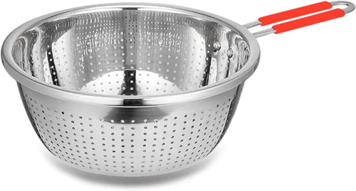 Miniatura 9 de Colador Profundo de Acero Inoxidable Microperforado de 2.5 Quart, Colador de Alimentos de Metal con Asas de Silicona Verde para Drenar Pasta