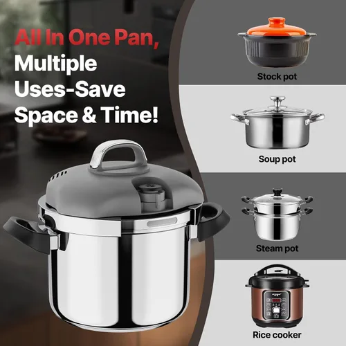 Miniatura 5 de Olla a Presión de Acero Inoxidable, Bloqueo de Una Mano/Bloqueo Rotativo, Compatible con Gas e Inducción, Cocina Rápida para Comidas Grandes, Apta