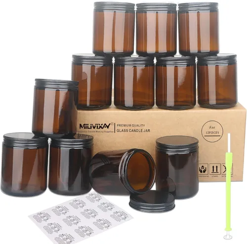 MILIVIXAY Paquete de 12 tarros de vela de vidrio grueso de 8 onzas de color ámbar oscuro con tapas de metal negro, tarros de vela vacíos a granel