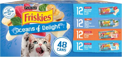 Miniatura 13 de Purina Friskies - Paquete variado de alimentos húmedos para gatos, Oceans of Delight en copos y filetes Prime (paquete de 40), latas de 5.5 onzas