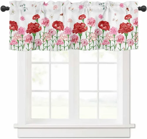 Miniatura 10 de Cenefa floral para ventanas, cortinas de clavel rojo y rosa, cenefas con bolsillo para barra, cenefa de ventana para primavera, vacaciones, día
