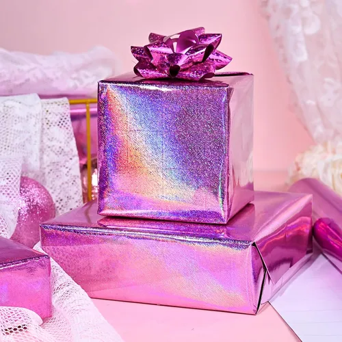 Miniatura 6 de Homeral Rollo de papel de regalo rosa holográfico con galaxia rosa brillante para cumpleaños, baby shower, despedida de soltera, boda, día