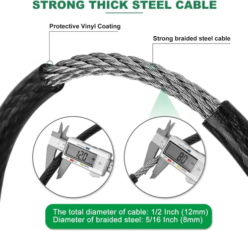 Miniatura 2 de Cable de seguridad resistente a los cortes de 15 pies x 1/2 pulgadas Acero trenzado flexible recubierto de vinilo con extremos en bucle Cable