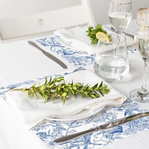Miniatura 6 de AnyDesign Paquete de 50 manteles individuales de papel de flores y pájaros, ramas de hortensias azules y blancas, manteles individuales desechables
