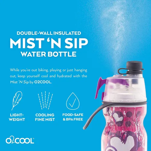 Miniatura 5 de O2COOL Mist 'N Sip botella de agua con vaporizador 2 en 1 con función de rociar y beber sin fugas con tapa de extracción (corazones)