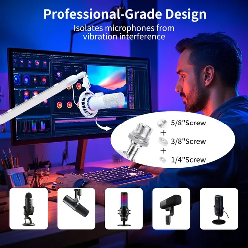 Miniatura 3 de Soporte de micrófono giratorio de 360°, brazo de micrófono, brazo de micrófono de perfil bajo, compatible con tornillo de 3/8 pulgadas, 5/8 pulgadas