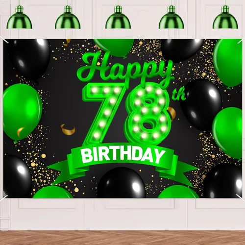Miniatura 76 de Cartel de feliz cumpleaños 26 verde y negro, telón de fondo con texto en inglés "Cheers to 26 years old confeti", globos de confeti, decoración