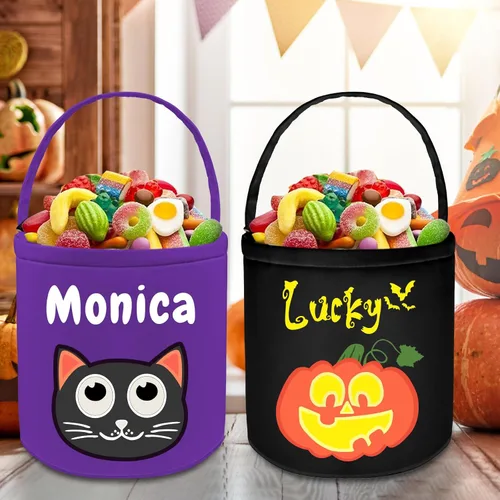 Miniatura 5 de STREADVE Cesta de Halloween para gatos, cubo con nombre personalizado, bolsas de truco o trato, regalo para niños, bolsa de dulces personalizada