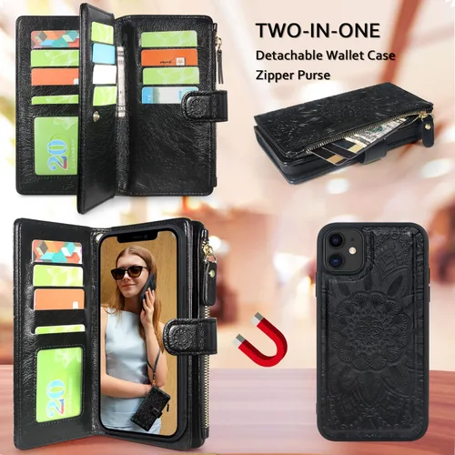 Miniatura 3 de Harryshell Cartera con cremallera magnética desmontable Funda de cuero con bolsillo para efectivo con ranuras para tarjetas, correa de muñeca