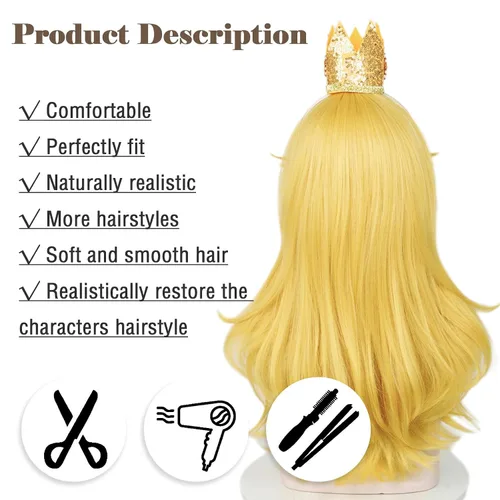 Miniatura 5 de LABEAUTÉ Aldult - Peluca rubia de princesa para mujer con corona, broche + clip para la oreja + gorra, juego de 5 piezas de peluca dorada larga