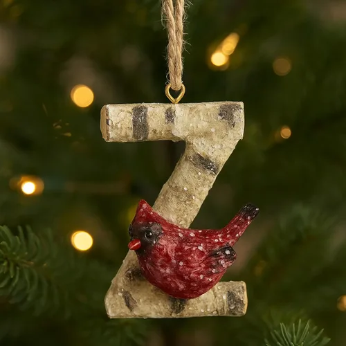 Miniatura 17 de Adorno de Navidad con letra inicial cardenal rústica, aspecto de madera de abedul, alfabeto colgante, decoración con monograma para árbol de Letra R