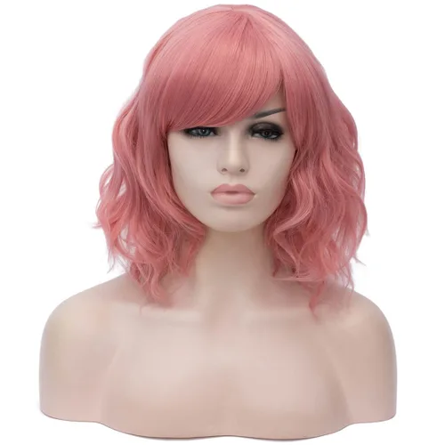 Miniatura 28 de BUFASHION Peluca rizada corta ondulada de 14 pulgadas para mujer, peluca sintética para cosplay, Halloween, peluca con flequillo lateral (negro)