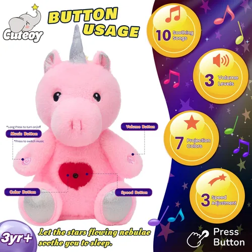 Miniatura 3 de Unicornio de peluche rosa con proyector de estrellas, musical, con volumen ajustable, luz nocturna, animales de peluche brillantes, juguetes