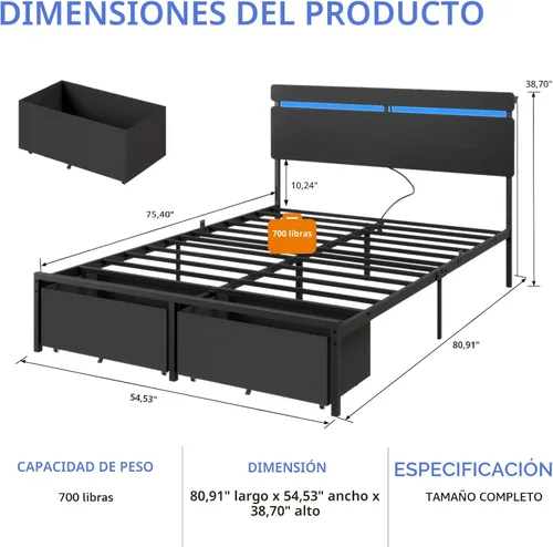 Miniatura 2 de Forestell Marco de cama tamaño completo con cabecera de madera, cama plataforma negra con 2 cajones de almacenamiento y estante, estación de carga