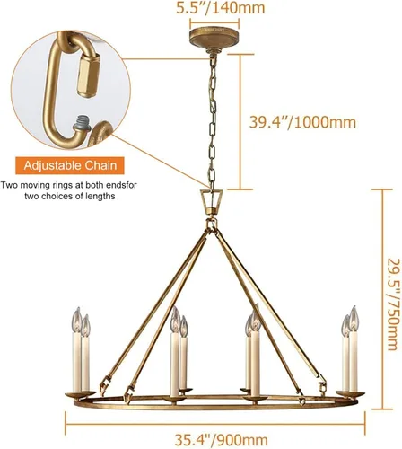 Miniatura 3 de LOVEDIMA Candelabro de rueda de carro, color dorado, rústico, de 35.4 pulgadas, con forma de vela, de metal con forma de vela, lámpara colgante