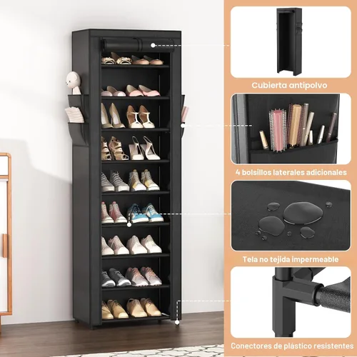 Miniatura 4 de VILICK - Zapatero con cubierta, organizador de zapatos estrecho con 4 bolsillos laterales, estante alto de 10 niveles, almacenamiento para 18-22