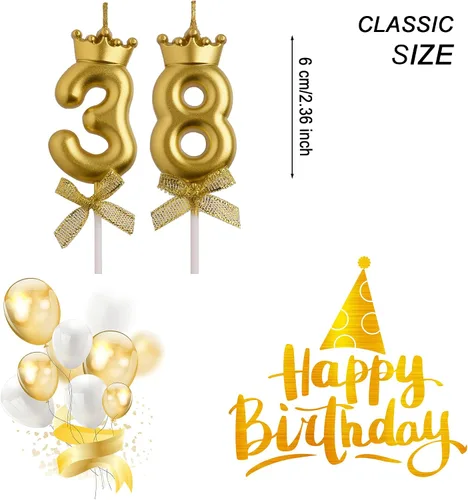 Miniatura 2 de Velas de cumpleaños número 38 y 83, velas doradas de cumpleaños con número 83 y 38 años, decoraciones de fiesta de cumpleaños, regalos para mujeres