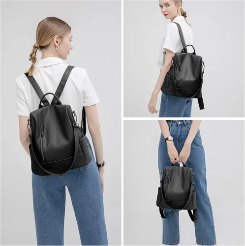 Miniatura 7 de Mochila de moda para mujer, mochila antirrobo de piel sintética, ligera, resistente al agua, color negro