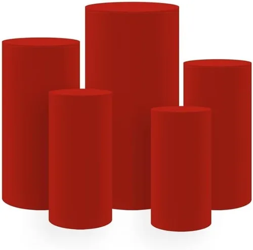 5 cubiertas de pedestal de cilindro rojo para fiestas de cumpleaños, fundas de mesa de tela elástica para cubierta de zócalo (solo incluye soportes