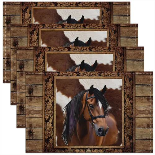 Miniatura 9 de Juego de 4 manteles individuales abstractos con flechas estilo granja, cabaña, ciervos salvajes, cornamentas, para cocina, comedor, decoración
