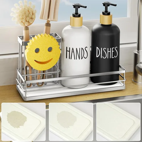Miniatura 13 de Moforoco Juego de dispensador de jabón para platos de cocina, botella de vidrio de 16 onzas, dispensador de jabón para manos y platos, bandeja