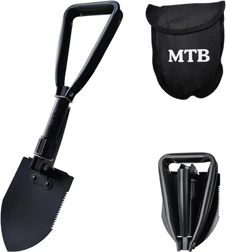 Pala plegable militar para campamento, herramienta de entrenamiento de acero de alto carbono con borde de sierra de madera y funda de transporte