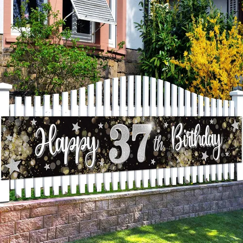 Miniatura 28 de Decoraciones de feliz cumpleaños número 10, globo de estrella de ensueño negro y plateado grande cartel colgante de cumpleaños, suministros