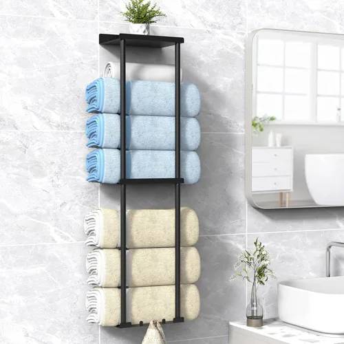 Liuoud Toallero para Baño, Organizador Portador de Almacenamiento de Toallas Enrolladas Vertical Montado en la Pared con Estante, Sostiene Hasta 6