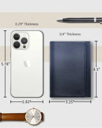 Miniatura 29 de Billetera de triple pliegue con RFID, cuero genuino, delgado, con ventana de identificación, bolsillo frontal, regalo para hombre