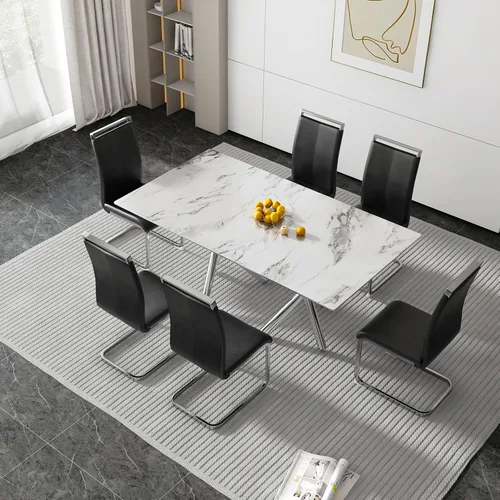 Miniatura 23 de Juego de 8 mesas de comedor de cristal, moderno juego de mesa de comedor de 71 pulgadas con 8 sillas de comedor tapizadas de piel sintética