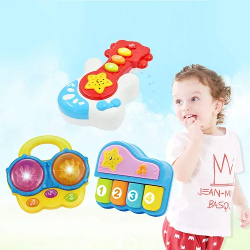 Miniatura 8 de WEofferwhatYOUwant Juego de instrumentos musicales para bebés – Piano, batería Bongo y guitarra – Proyector de juguetes iluminados para bebés de 6