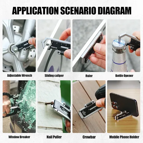 Miniatura 4 de Llavero pequeño multiherramienta con llave ajustable de bolsillo 9 en 1 para tornillos con mini palanca extractor de clavos herramienta calibrador