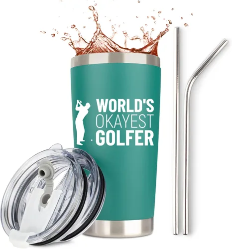 Regalos de golf para hombres | Worlds Okayest Golfista | Taza de viaje de acero inoxidable con 2 tapas y 2 popotes y caja de regalo | Idea única