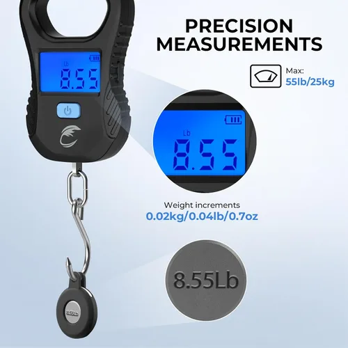 Miniatura 4 de Calamus Báscula de pescado ligera - Báscula digital recargable con cable USB, capacidad de 55 libras, unidades múltiples libras/onzas y kilogramos