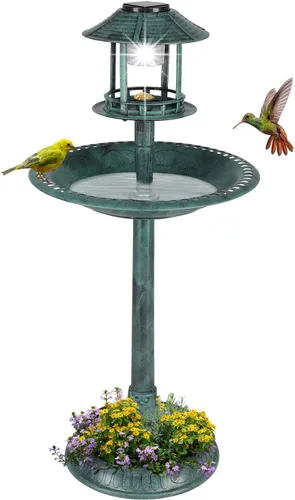 Miniatura 10 de Outvita baño para pájaros al aire libre, decoraciones de baños de pájaros de jardín con lámpara solar y base de maceta de flores de resina
