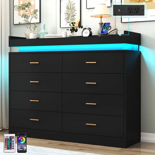 Hlivelood Cómoda de 8 cajones con luz LED y estación de carga, cómoda moderna para armario, armario organizador de cajones anchos para dormitorio,