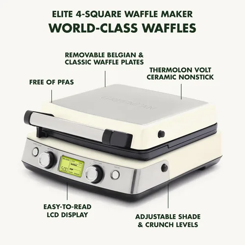 Miniatura 4 de GreenPan Elite Máquina para Hacer Waffles Belgas y Clásicos de 4 Cuadrados, Placas Antiadherentes de Cerámica Saludable Aptas para Lavavajillas