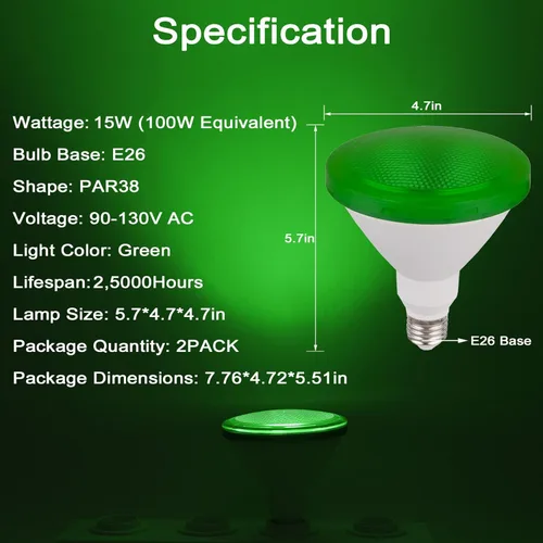 Miniatura 2 de Bombilla verde Par38 – 15 W (equivalente a 100 vatios) – Luces de inundación verdes E26, paquete de 2 unidades, decoración de fiestas, porche