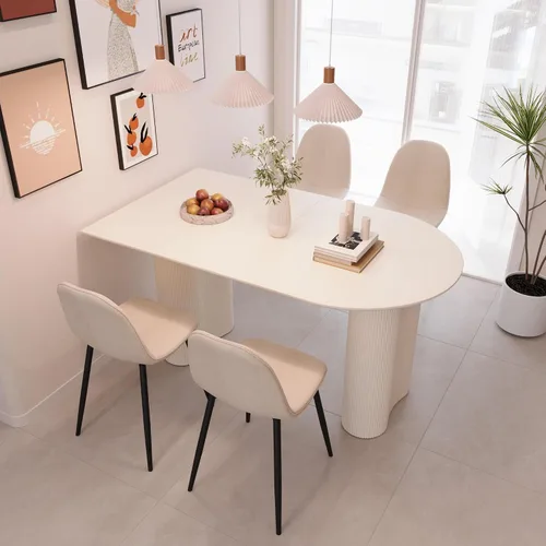 Miniatura 8 de Moderno juego de mesa de comedor color crema para 4, juego de mesa de comedor y sillas de 5 piezas, mesa de comedor ovalada blanca de 63 pulgadas
