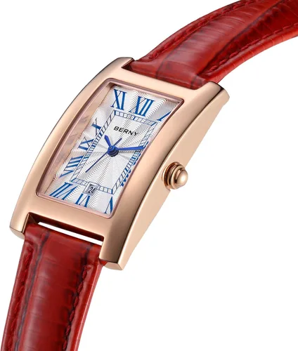 Miniatura 2 de BERNY Reloj rectangular de cuarzo con marcadores clásicos de números romanos para mujer, reloj de pulsera analógico casual con calendario de fecha