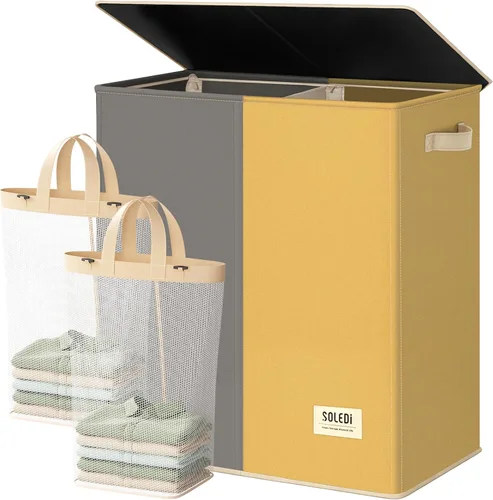Miniatura 13 de SOLEDI Cesta de lavandería de lujo doble con tapa y bolsas removibles, cesta grande para lavandería, cesta de lavandería de 2 secciones, cesta