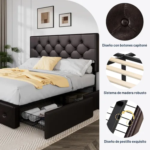 Miniatura 6 de Allewie - Base de cama tapizada con plataforma de tamaño Queen, con 4 cajones de almacenamiento y cabecera, botones cosidos en forma de diamante